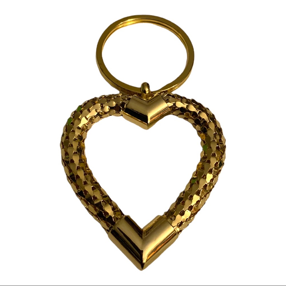 Vintage Whiting & Davis Gold Tone Mesh Heart Keychain Key Ring Fob